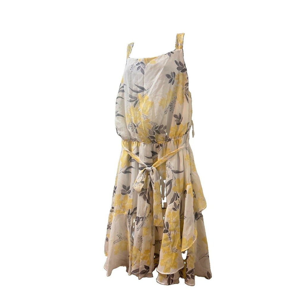 Lane Bryant Size 18 100% Yellow Gray Garden Floral Belted Flounce Ruffle Dress - Picture 4 of 12